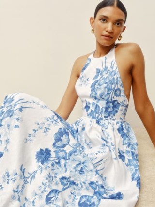 Reformation Percy Linen Dress in Verna – sleeveless white and blue floral fit and flare dresses