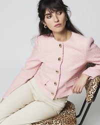 RIVER ISLAND Pink Boucle Crop Trophy Jacket ~ women’s vintage style jackets ~ ladylike fashion