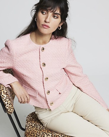RIVER ISLAND Pink Boucle Crop Trophy Jacket ~ women’s vintage style jackets ~ ladylike fashion - flipped