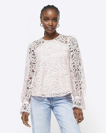 RIVER ISLAND Pink Lace Blouse / semi sheer floral blouses - flipped