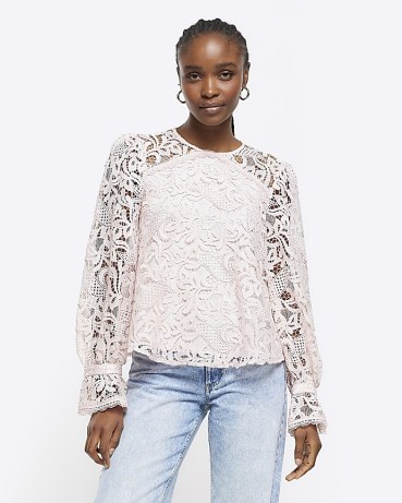 RIVER ISLAND Pink Lace Blouse / semi sheer floral blouses