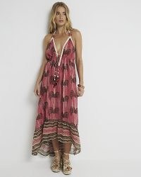 River Island Pink Palm Tree Embellished Beach Maxi Dress | dip hem halterneck dresses with plunge front neckline | bohemian style beachwear