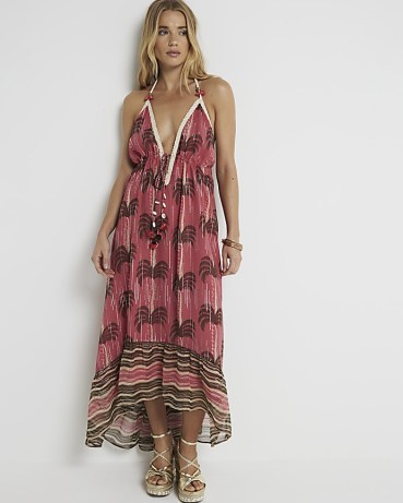 River Island Pink Palm Tree Embellished Beach Maxi Dress | dip hem halterneck dresses with plunge front neckline | bohemian style beachwear