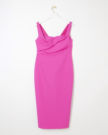 RIVER ISLAND Pink Ruched Open Back Bodycon Midi Dress ~ bubblegum pencil dresses - flipped