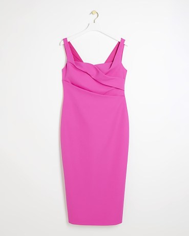 RIVER ISLAND Pink Ruched Open Back Bodycon Midi Dress ~ bubblegum pencil dresses