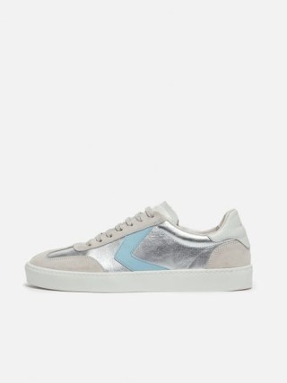JIGSAW Portland Vintage Classic Trainer in Silver ~ women’s leather metallic panel trainer ~ womens sports luxe shoes - flipped