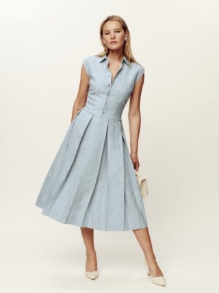 Reformation Prim Linen Dress in Cornflower Stripe – blue striped cap sleeve pleated fit and flare dresses - flipped