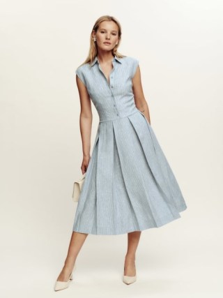 Reformation Prim Linen Dress in Cornflower Stripe – blue striped cap sleeve pleated fit and flare dresses