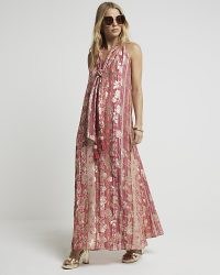 River Island Red Floral Glitter Slip Maxi Dress / floaty metallic detail summer dresses