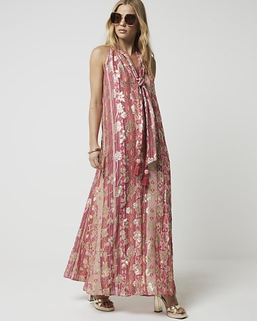 River Island Red Floral Glitter Slip Maxi Dress / floaty metallic detail summer dresses - flipped