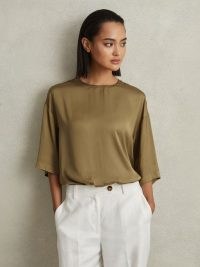 REISS ANYA RELAXED SATIN BLOUSE in KHAKI ~ silky green wide sleeve blouses ~ fluid fabric tops