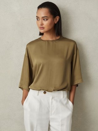 REISS ANYA RELAXED SATIN BLOUSE in KHAKI ~ silky green wide sleeve blouses ~ fluid fabric tops - flipped