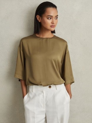 REISS ANYA RELAXED SATIN BLOUSE in KHAKI ~ silky green wide sleeve blouses ~ fluid fabric tops