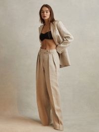 REISS CASSIE LINEN WIDE LEG SUIT TROUSERS NATURAL ~ women’s spring trouser suits ~ womens neutral relaxed fit front pleated pamts