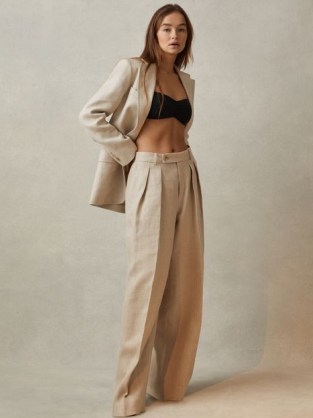 REISS CASSIE LINEN WIDE LEG SUIT TROUSERS NATURAL ~ women’s spring trouser suits ~ womens neutral relaxed fit front pleated pamts - flipped