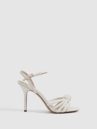 REISS ESTEL STRAPPY PEARL HEELED SANDALS CREAM – glamorous embellished front knot sandal – luxe style knotted occasion heels - flipped