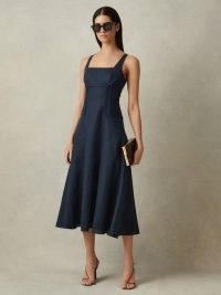 Reiss ETTA LINEN CORSET MIDI DRESS in NAVY | dark blue sleeveless fit and flare square neck dresses