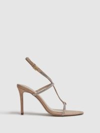 REISS JULIE EMBELLISHED SUEDE HEELED SANDALS NUDE – strappy barely there sandal with embellishments – glamorous occasion heels
