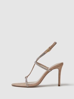 REISS JULIE EMBELLISHED SUEDE HEELED SANDALS NUDE – strappy barely there sandal with embellishments – glamorous occasion heels - flipped