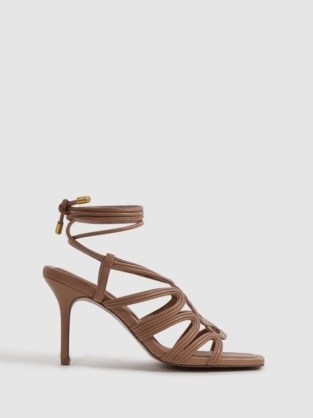 REISS KEIRA STRAPPY OPEN TOE HEELED SANDALS NUDE – high heel ankle tie sandal - flipped