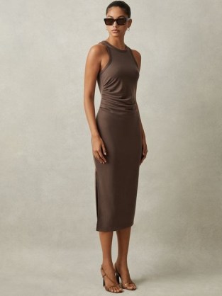 Reiss LOLA RUCHED JERSEY BODYCON MIDI DRESS MOCHA – chic fitted brown sleeveless tank dresses – fitted evening fashion - flipped