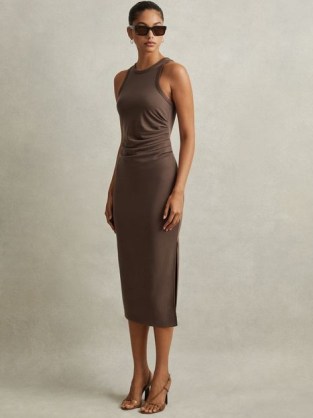 Reiss LOLA RUCHED JERSEY BODYCON MIDI DRESS MOCHA – chic fitted brown sleeveless tank dresses – fitted evening fashion