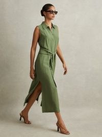 REISS MORGAN VISCOSE LINEN BELTED SHIRT DRESS GREEN ~ chic sleeveless collared tie waist midi dresses