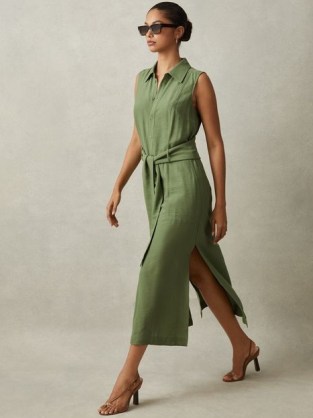 REISS MORGAN VISCOSE LINEN BELTED SHIRT DRESS GREEN ~ chic sleeveless collared tie waist midi dresses - flipped