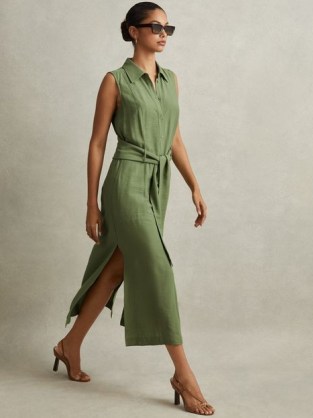 REISS MORGAN VISCOSE LINEN BELTED SHIRT DRESS GREEN ~ chic sleeveless collared tie waist midi dresses