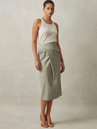 REISS NADIA COTTON BLEND WRAP FRONT MIDI SKIRT in KHAKI ~ chic skirts ~ contemporary clothing - flipped