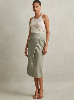 REISS NADIA COTTON BLEND WRAP FRONT MIDI SKIRT in KHAKI ~ chic skirts ~ contemporary clothing