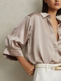 REISS WINNIE SILK RELAXED SLEEVE BLOUSE CHAMPAGNE ~ silky collared volume sleeved blouses ~ luxe fashion