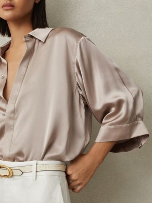 REISS WINNIE SILK RELAXED SLEEVE BLOUSE CHAMPAGNE ~ silky collared volume sleeved blouses ~ luxe fashion - flipped