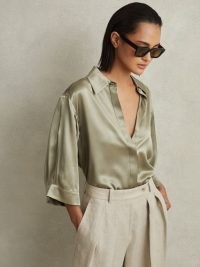 REISS WINNIE SILK RELAXED SLEEVE BLOUSE in KHAKI ~ green silky collared blouses ~ luxe style fluid fabric tops