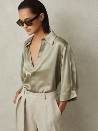 REISS WINNIE SILK RELAXED SLEEVE BLOUSE in KHAKI ~ green silky collared blouses ~ luxe style fluid fabric tops - flipped