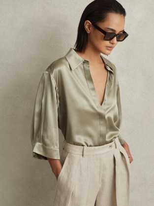 REISS WINNIE SILK RELAXED SLEEVE BLOUSE in KHAKI ~ green silky collared blouses ~ luxe style fluid fabric tops