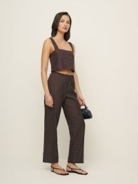 Reformation Remi Cropped Linen Pant in Chocolate Chip / women’s brown spot print spring trouser / womens summer polka dot trousers