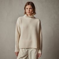 JAMES PERSE RIBBED CASHMERE FUNNEL NECK in Ivory / luxe sustainable jumper / women’s recycled fibre knitwear / womens relaxed fit fishermans sweater