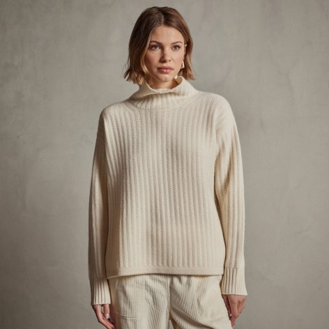 JAMES PERSE RIBBED CASHMERE FUNNEL NECK in Ivory | luxe sustainable jumper | women’s recycled fibre knitwear | womens relaxed fit fishermans sweater - flipped
