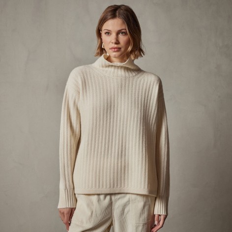 JAMES PERSE RIBBED CASHMERE FUNNEL NECK in Ivory | luxe sustainable jumper | women’s recycled fibre knitwear | womens relaxed fit fishermans sweater