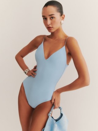 Reformation Rio One Piece Swimsuit in Mineral – spaghetti strap swimsuit – light blue plunge front swimsuits – sustainable swimwear - flipped