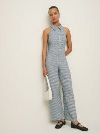 Reformation Ryan Linen Jumpsuit in Slate Check / sleeveless collared checked jumpsuits / women’s luxury vintage style fashion
