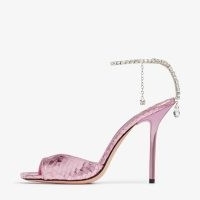 JIMMY CHOO Saeda Sandal 100 Candy Pink Metallic Snake Printed Leather Sandals with Crystal Chain / glamorous occasion heels