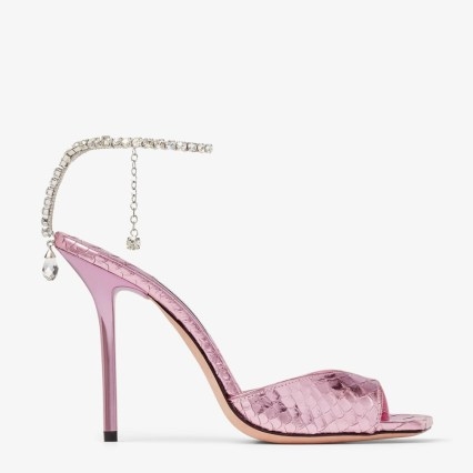 JIMMY CHOO Saeda Sandal 100 Candy Pink Metallic Snake Printed Leather Sandals with Crystal Chain / glamorous occasion heels - flipped