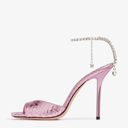 JIMMY CHOO Saeda Sandal 100 Candy Pink Metallic Snake Printed Leather Sandals with Crystal Chain / glamorous occasion heels