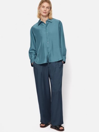 Jigsaw Satin Pleat Trouser in Blue – women’s silky trousers - flipped