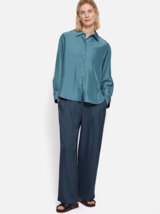 Jigsaw Satin Pleat Trouser in Blue – women’s silky trousers