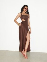 Reformation Satori Linen Dress in Cafe / dark brown shoulder strap side cut out maxi dresses / cutout occasion fashion / thigh high slit hem / fitted bodice