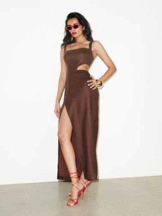 Reformation Satori Linen Dress in Cafe / dark brown shoulder strap side cut out maxi dresses / cutout occasion fashion / thigh high slit hem / fitted bodice - flipped