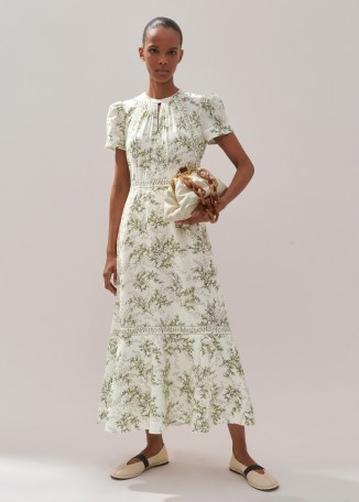 ME AND EM Shadow Berry Print Maxi Dress in Light Cream/Green/Multi ~ short sleeve cream and green floral A-line dresses ~ feminine luxury fashion - flipped